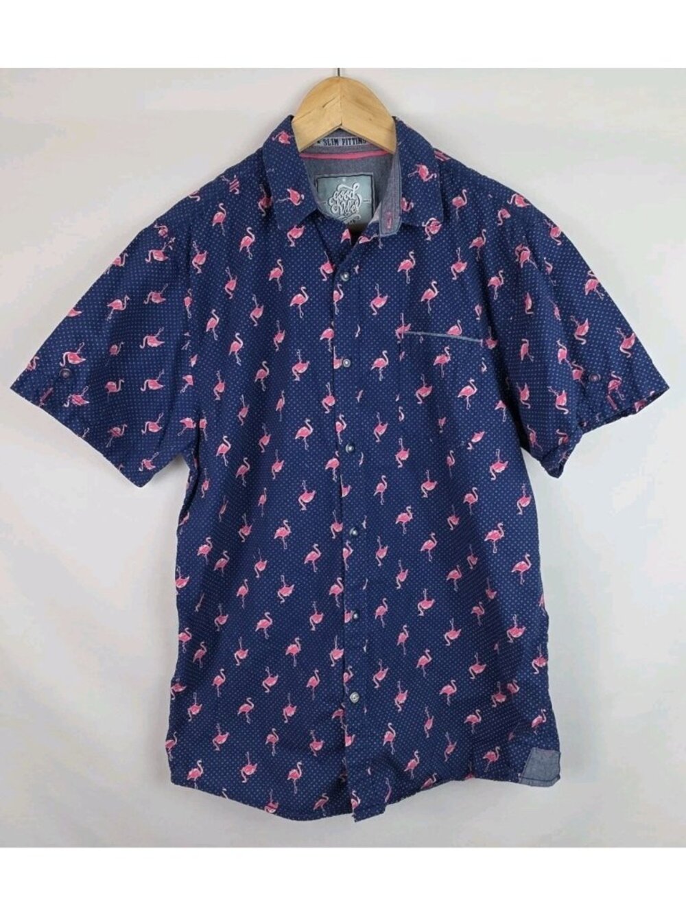Good Vibes by Drill Mens Hawaiian Shirt Large Blue Flamingo Short Sleeve Slim